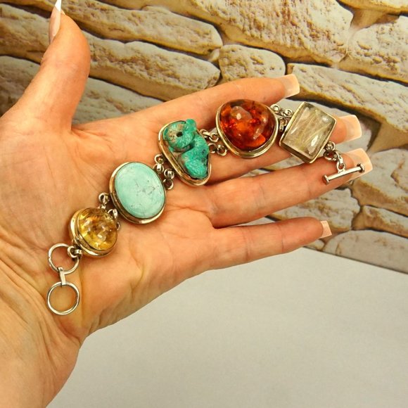 MULTI GEM HEAVY LINK BRACELET WITH TURQUOISE SNAKE, Very rare to find - Picture 1 of 11